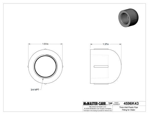 Technical drawing of Thick-Wall Plastic Pipe Fitting for Water, Cap, 3/4 NPT Female.